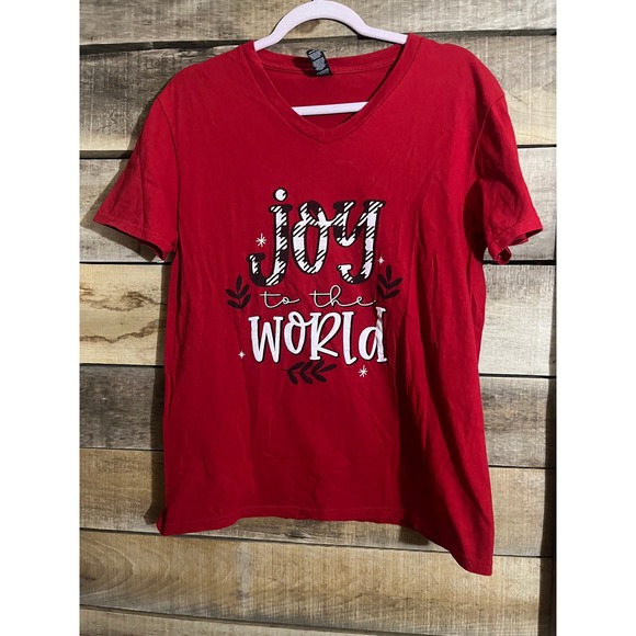 District Tee Red Joy to the World Christmas V-Neck T-Shirt Women's M - Picture 3 of 5